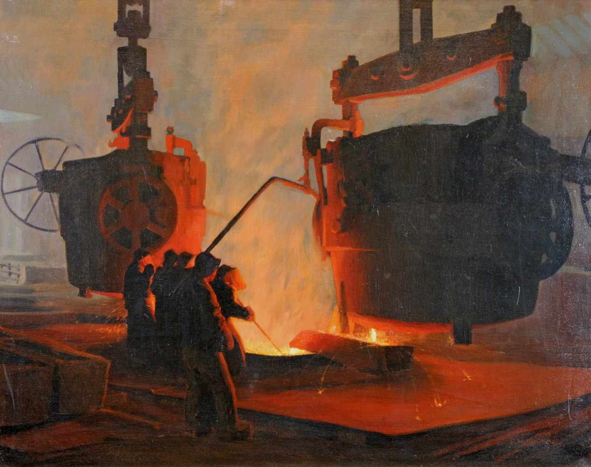 Brühne, Friedrich Heinrich (19./20.Jh.), "Abguss eines Konverters", Öl auf Leinwand, signiert - Bild 2 aus 8