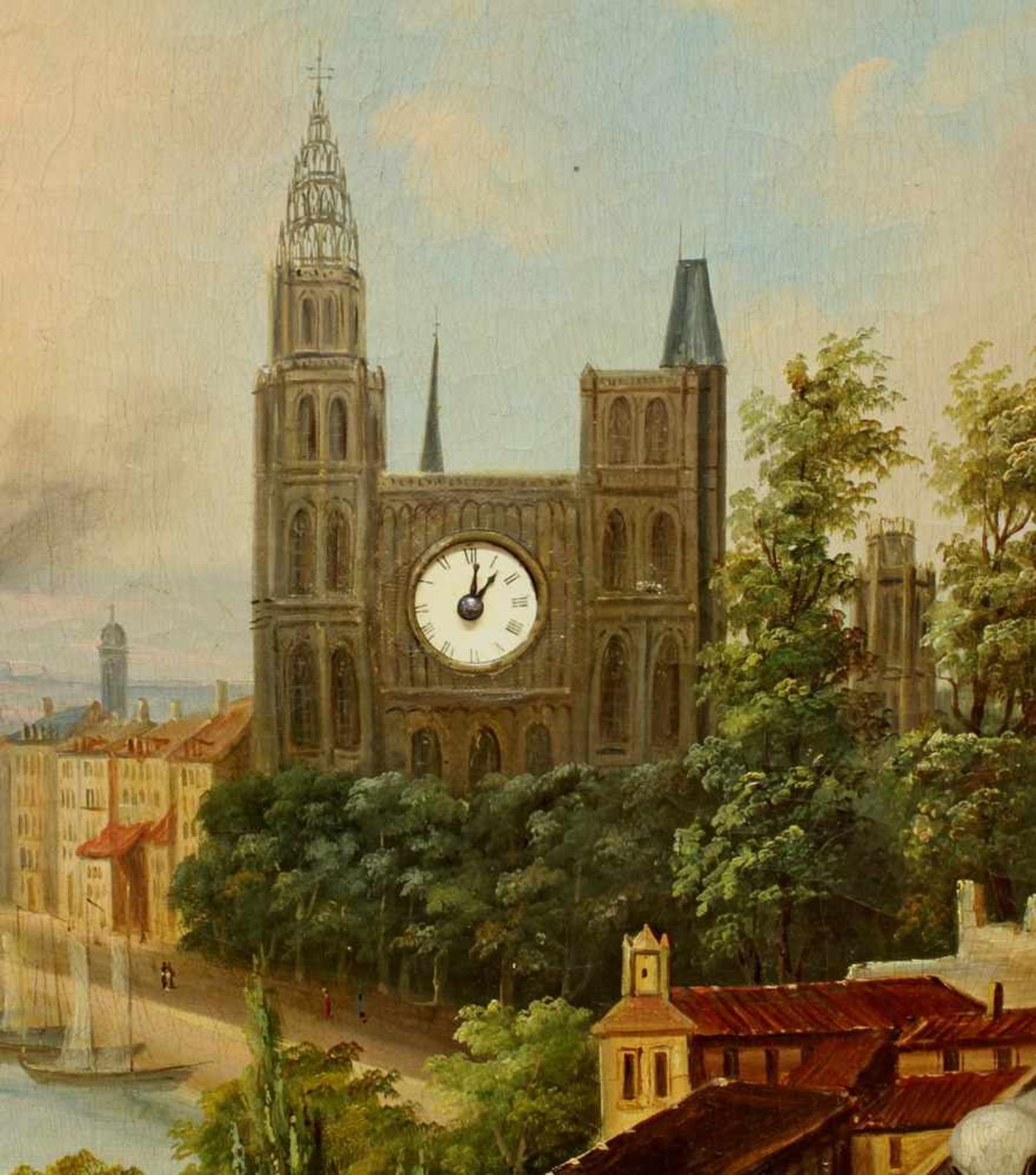 Bilderuhr, "Stadt am Fluß mit Fabrik und Dampfschiff", Frankreich, um 1840/1850, Öl auf Leinwand, - Bild 6 aus 26