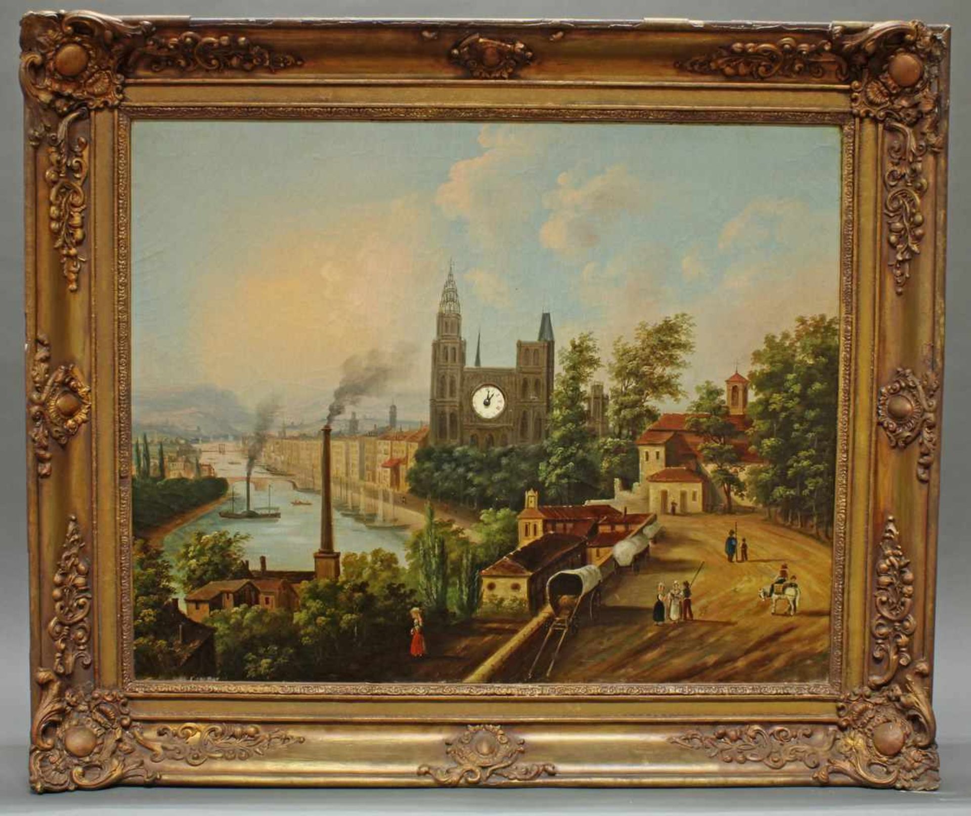 Bilderuhr, "Stadt am Fluß mit Fabrik und Dampfschiff", Frankreich, um 1840/1850, Öl auf Leinwand, - Image 2 of 26