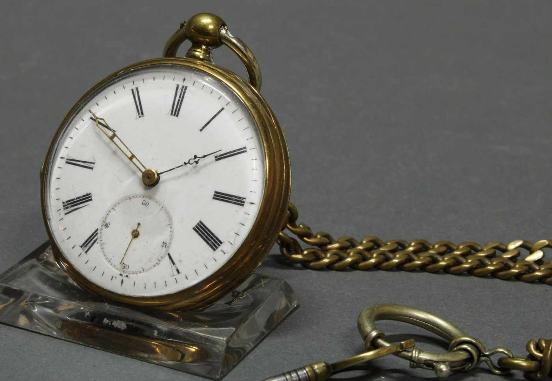 Herrentaschenuhr, mit Kompass, vergoldetes Metallgehäuse, Schlüsselaufzug, Emailzifferblatt, - Bild 2 aus 8