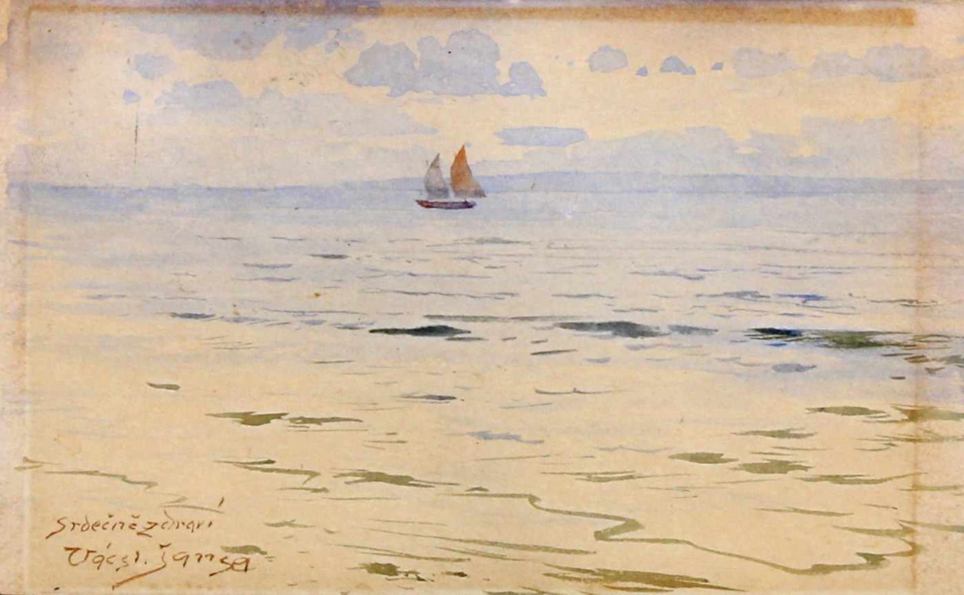 Jansa, Vaclav (1859 - 1913, Landschaftsmaler), Aquarell, "Meer mit Segelschiff", signiert und