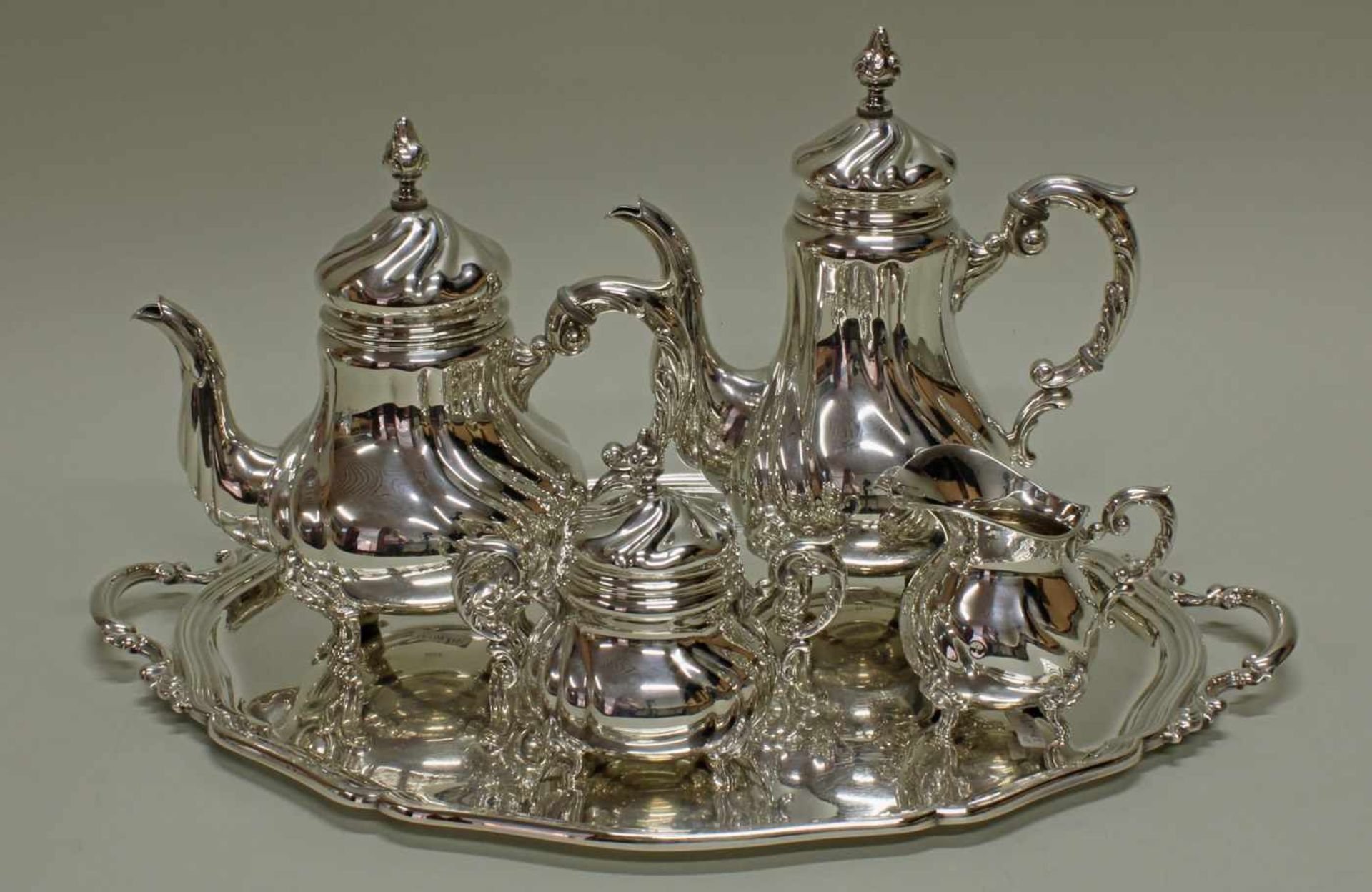 Kaffeekanne, Teekanne, Sahnegießer, Zuckerdose, Tablett, Silber 925, Emil Hermann, Barockform, 11-27 - Image 2 of 4