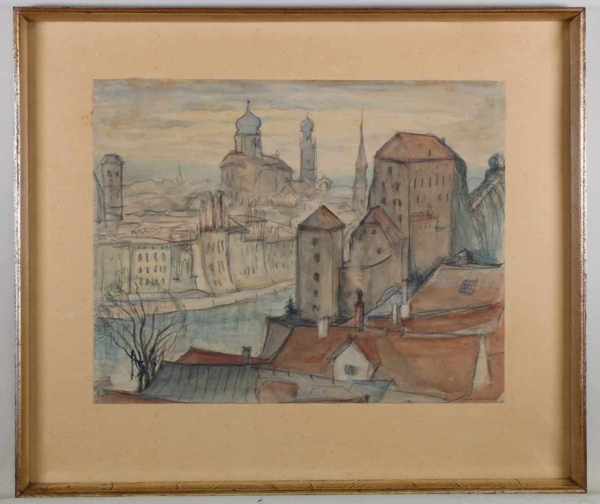 2 Aquarelle, gebräunt und verblasst bzw. leicht fleckig, unter Glas gerahmt: "Ansicht von Passau", - Image 8 of 12