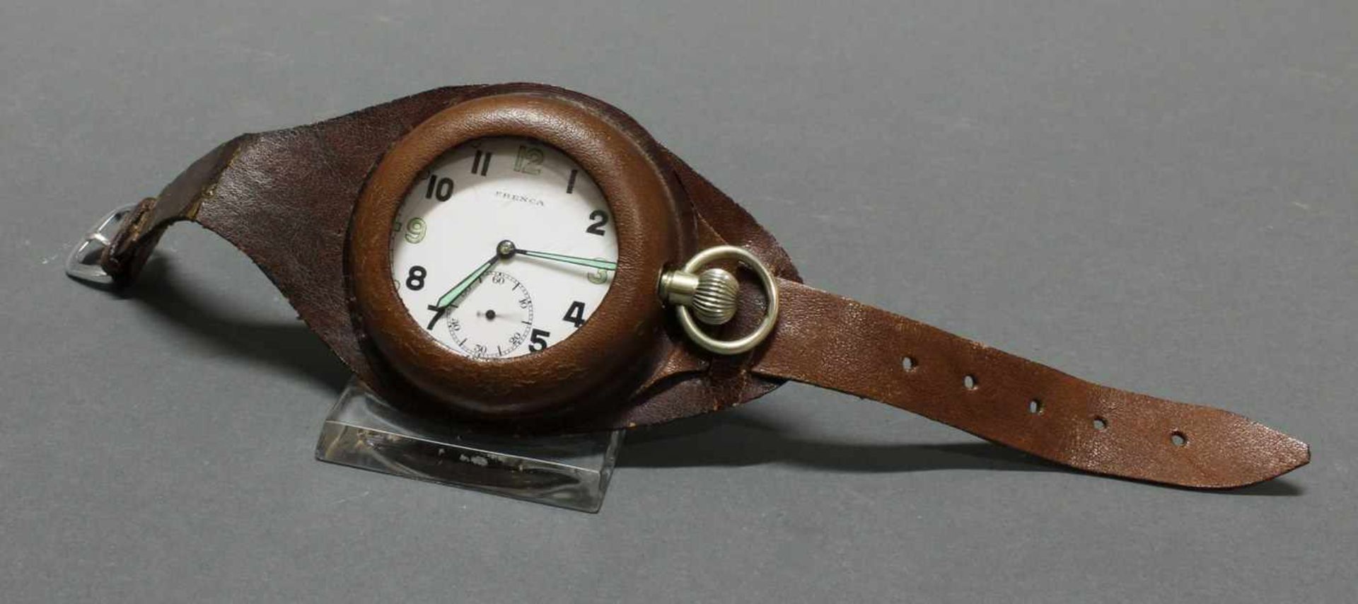 Beobachter-Uhr, mit Lederband, 1930er/40er Jahre, wohl England, Taschenuhr bez. Frenca, - Bild 3 aus 4