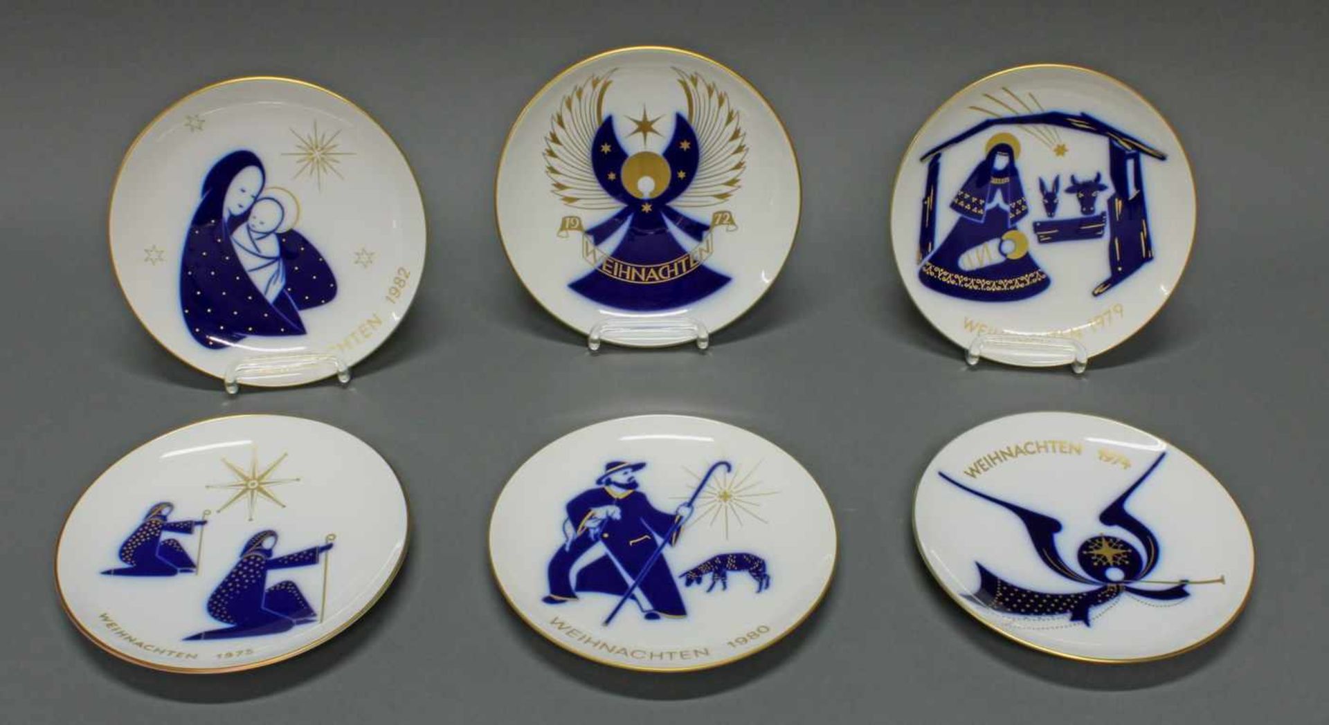 6 Weihnachtsteller, KPM Berlin, Blau-Gold-Dekore, Jahrgänge 1972, 1974, 1975, 1979, 1980, 1982, ø - Image 2 of 2