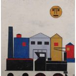 Kroha, Ladislav (20. Jh., tschechischer Maler), "Lokomotive vor Fabrikgebäuden", Öl auf Platte,