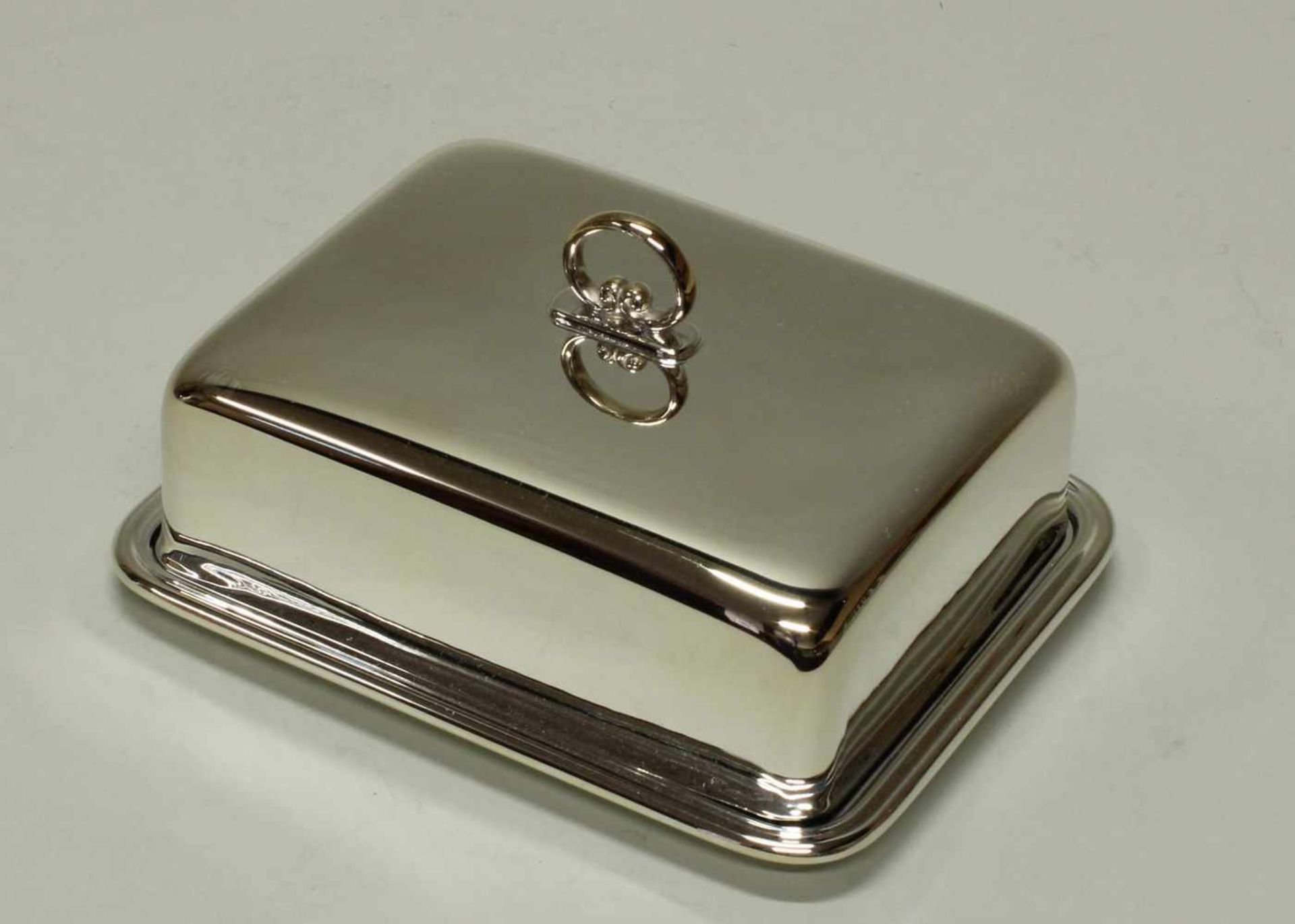 Butterdose, Silber 925, Italien, mit Glaseinsatz, 7.5 x 14 x 11 cm, ca. 279 g (ohne Glas)- - -25.