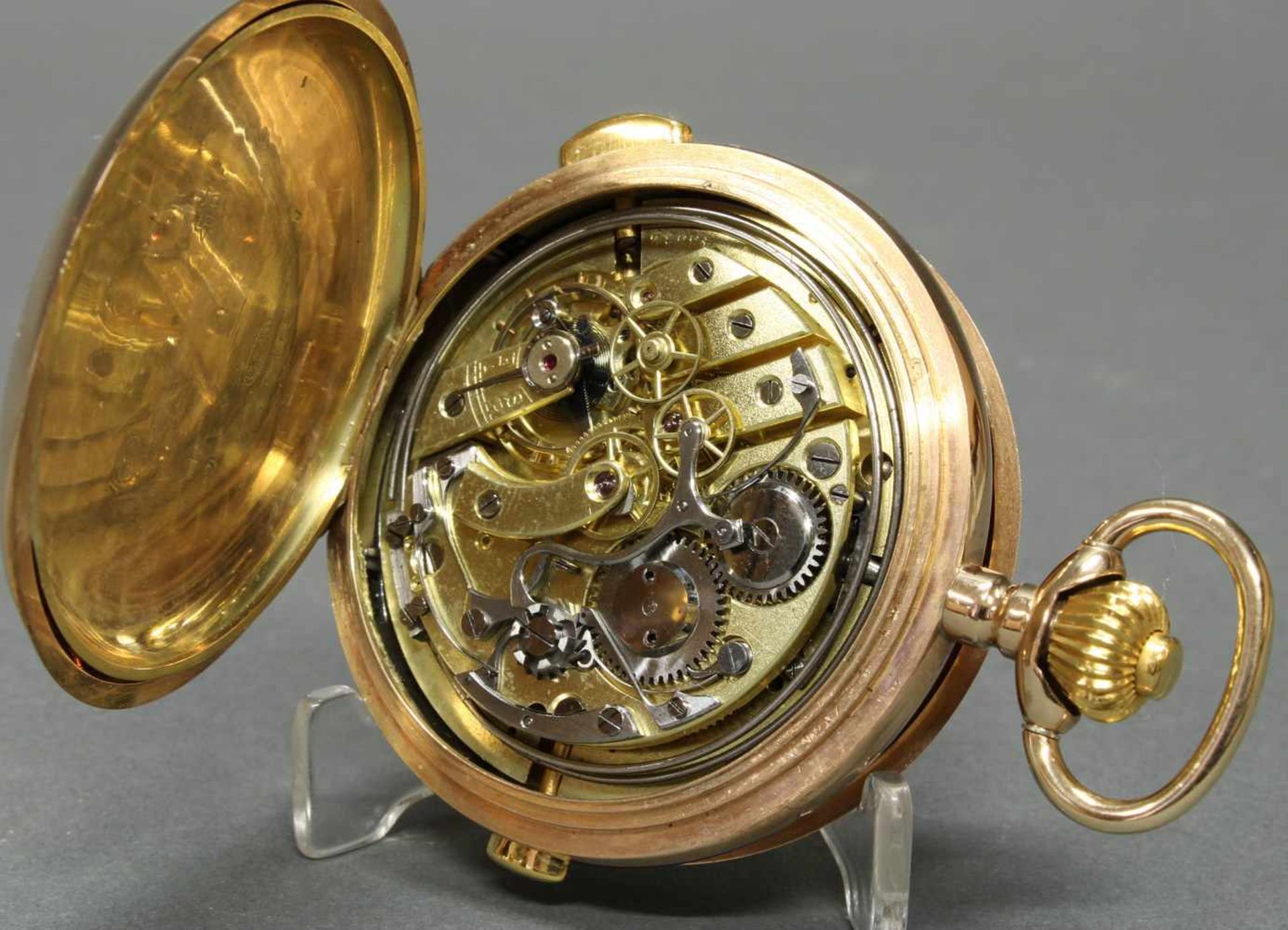 Herrentaschenuhr, Savonette, um 1900, 1/4-Stunden-Repetition, Chronograph, GG 585, Staubdeckel Gold, - Bild 6 aus 6