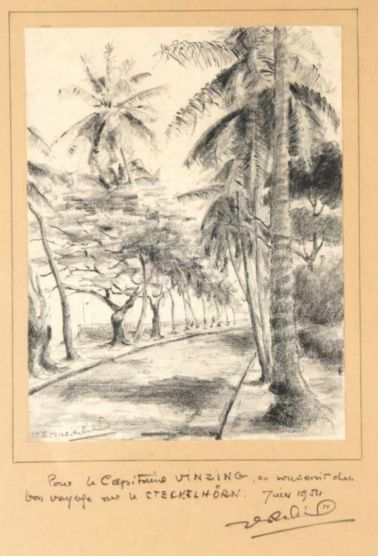 Palmen an der PromenadeFrankreich, 1954 Kohlezeichnung, kaschiert a. Karton, u.li. unleserl.