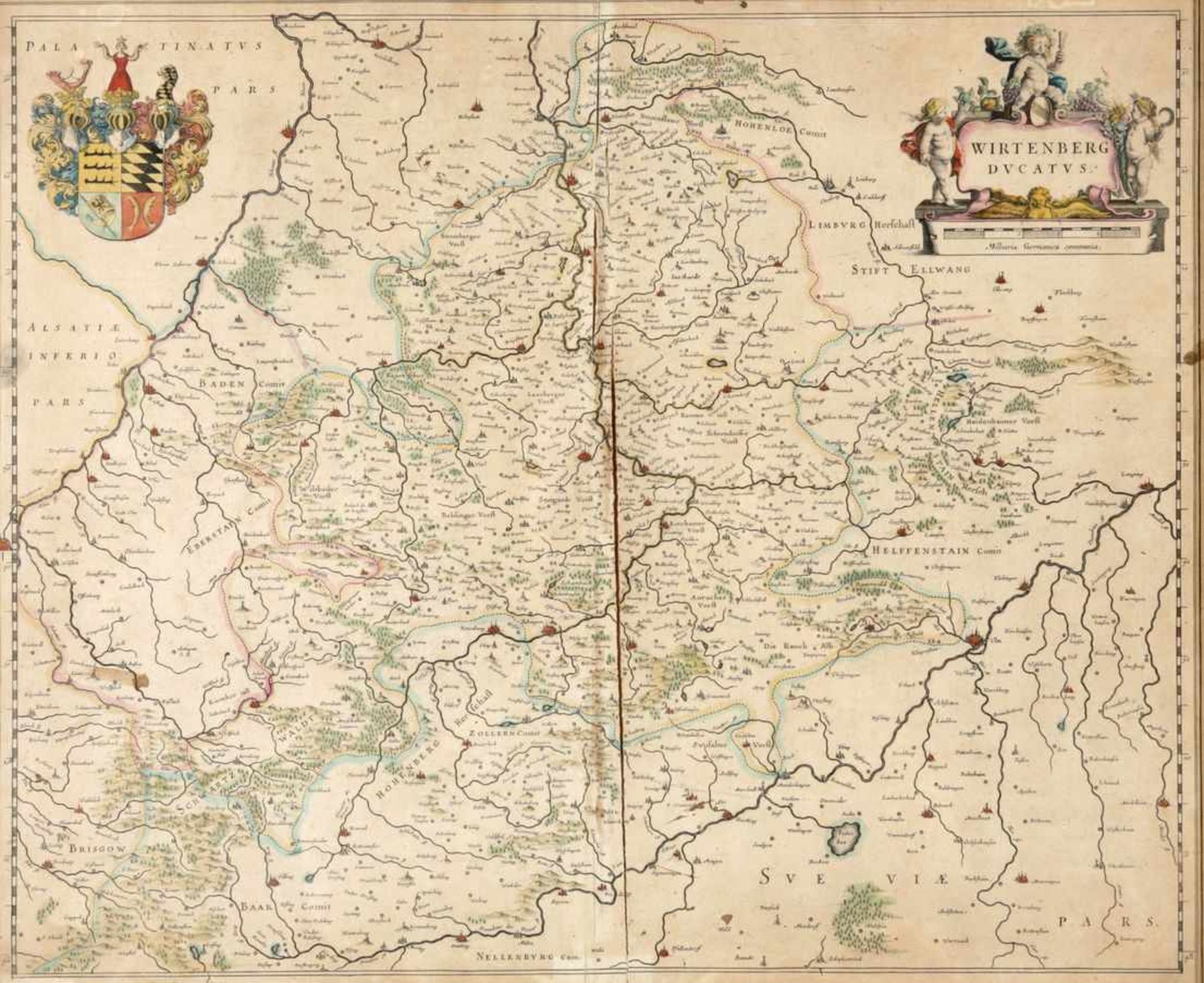 Württemberg - Karte19.Jh. Wirtenberg Ducatus.- Kol. Kupferstich v. Blaeu mit Wappen- und figürl.