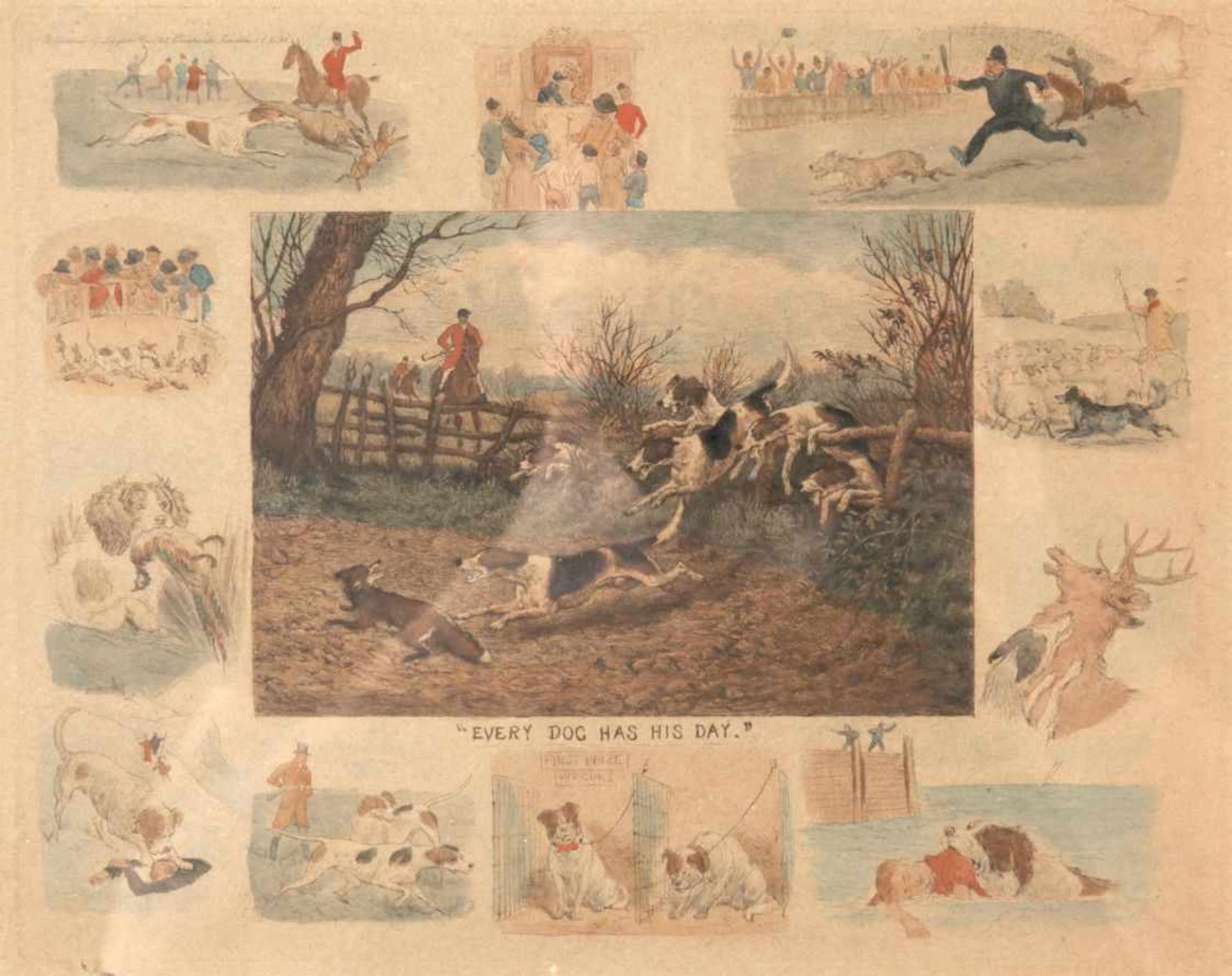 2 Bll. JagdmotiveEngland, 1890er Jahre Detailreiche Jagdszenen mit Hundedarstellung, je von