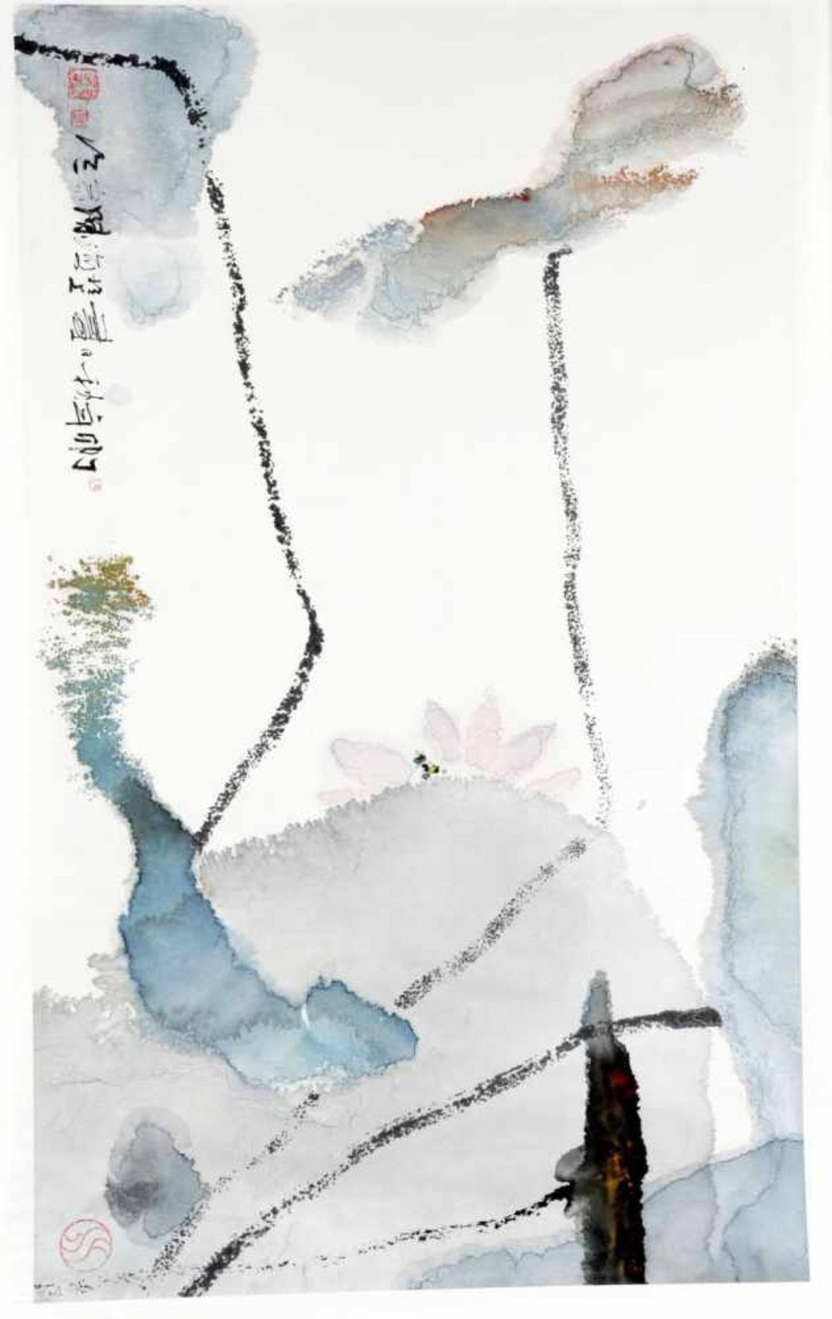 DruckWohl China, 20.Jh. Großformatige abstrakte Darstellung eines Lotusteichs. Bet. u. Künstler-