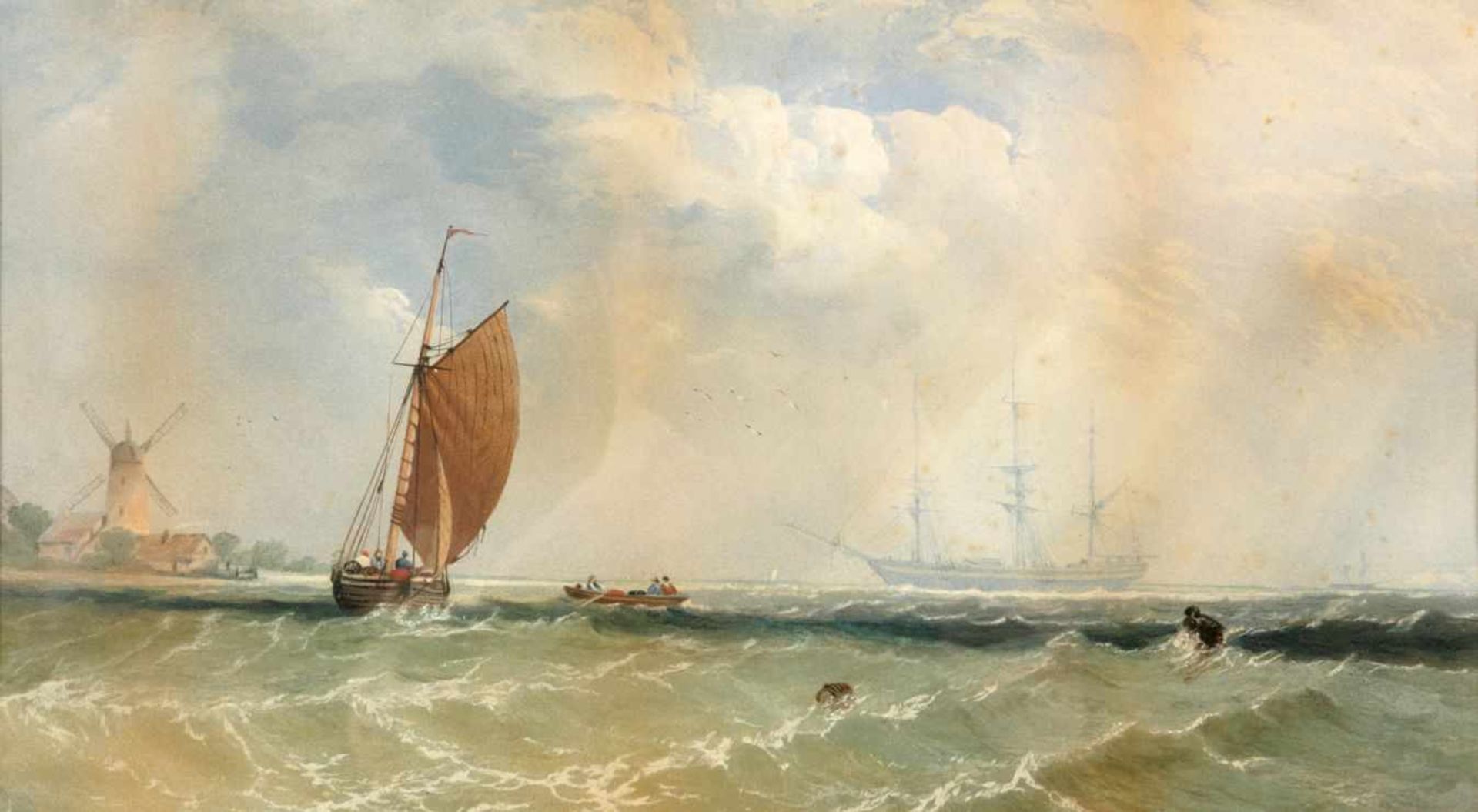 Segelschiff vor AnkerEnde 19.Jh. Kol. Lithographie, unsign., nachged./gebr., tlw. stockfl. 29 x 52