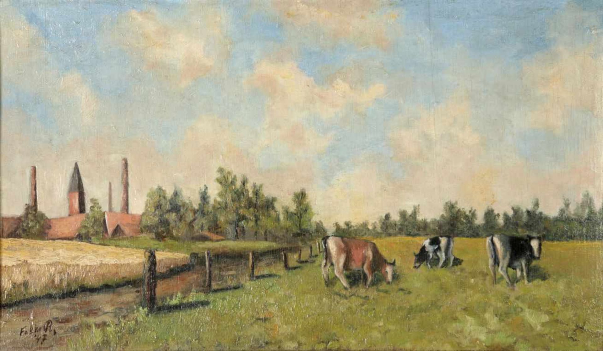 Kühe auf der WeideDeutschland, 1947 Öl a. Holz, u.li. sign./dat. "Falko R. (19)47". Nachgedunkelt,