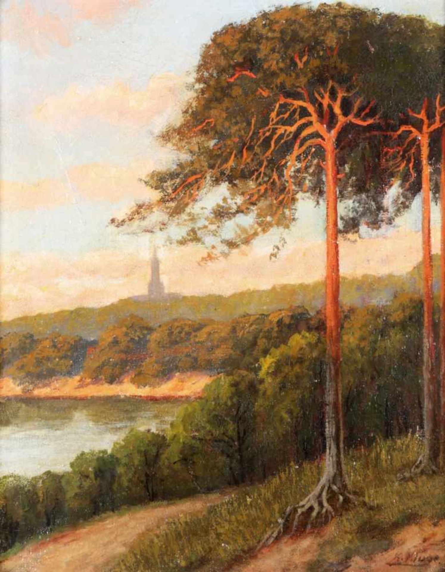 Landschaft mit Gewässer und Kirchturmum 1900/20 Öl a. Lwd., u.re. sign. "K. Kluge". Leicht