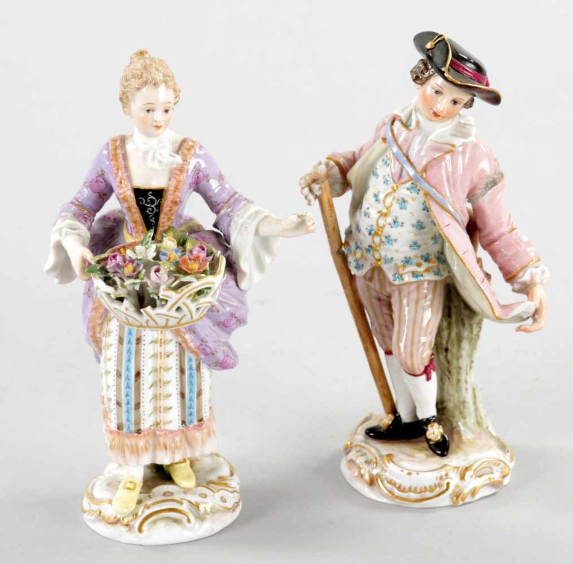 2 kl. FigurenPorzellan, Meissen, um 1900 Blumenverkäuferin, farb. staffiert, aus der Serie "