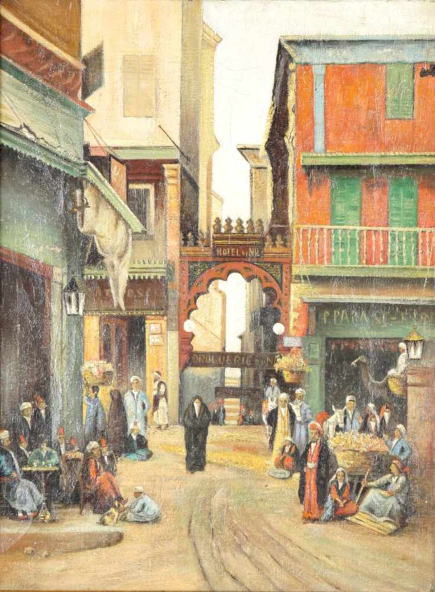 Orientalische Straßenszeneum 1900/20 Öl a. Lwd., unsign. Kl. Loch/Hinterlegung, tlw. Craquelée,