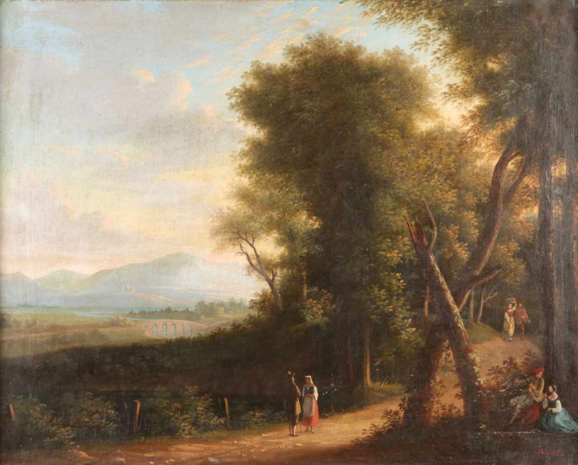 Italienische Landschaft1.H.19.Jh., Romantische Landschaft mit Spaziergängern auf einem Waldweg, im