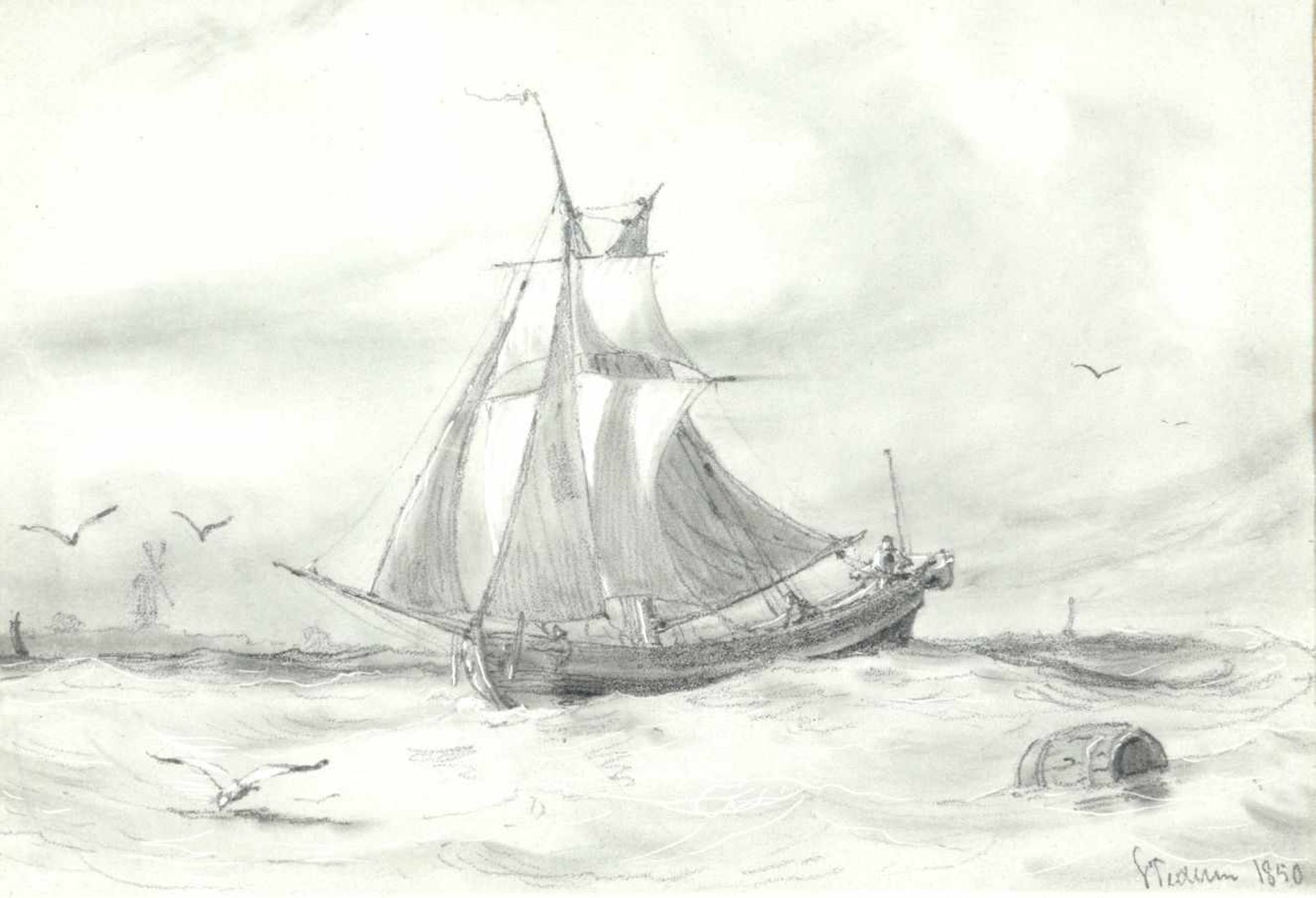 2 Bll. Schiffsbilder19./20.Jh. Dabei: Wikingerschiff. Segelboot.- Aquarell/Bleistiftzeichnung, 1x - Bild 2 aus 2