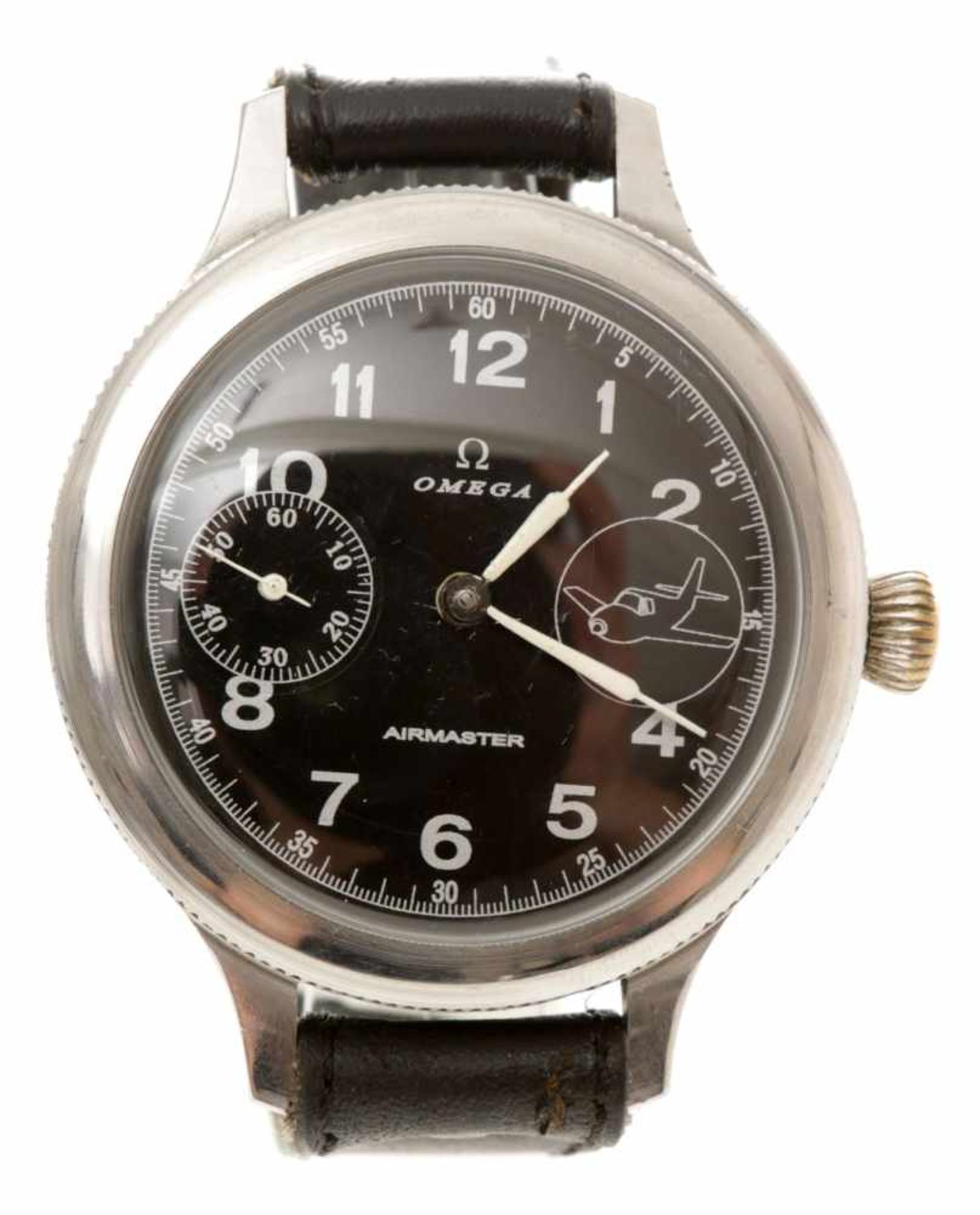 Flieger-ArmbanduhrMetall, Omega, 1.H.20.Jh. Modell "Airmaster",-Schwarzes Zifferbl. m. arab. Zahlen,