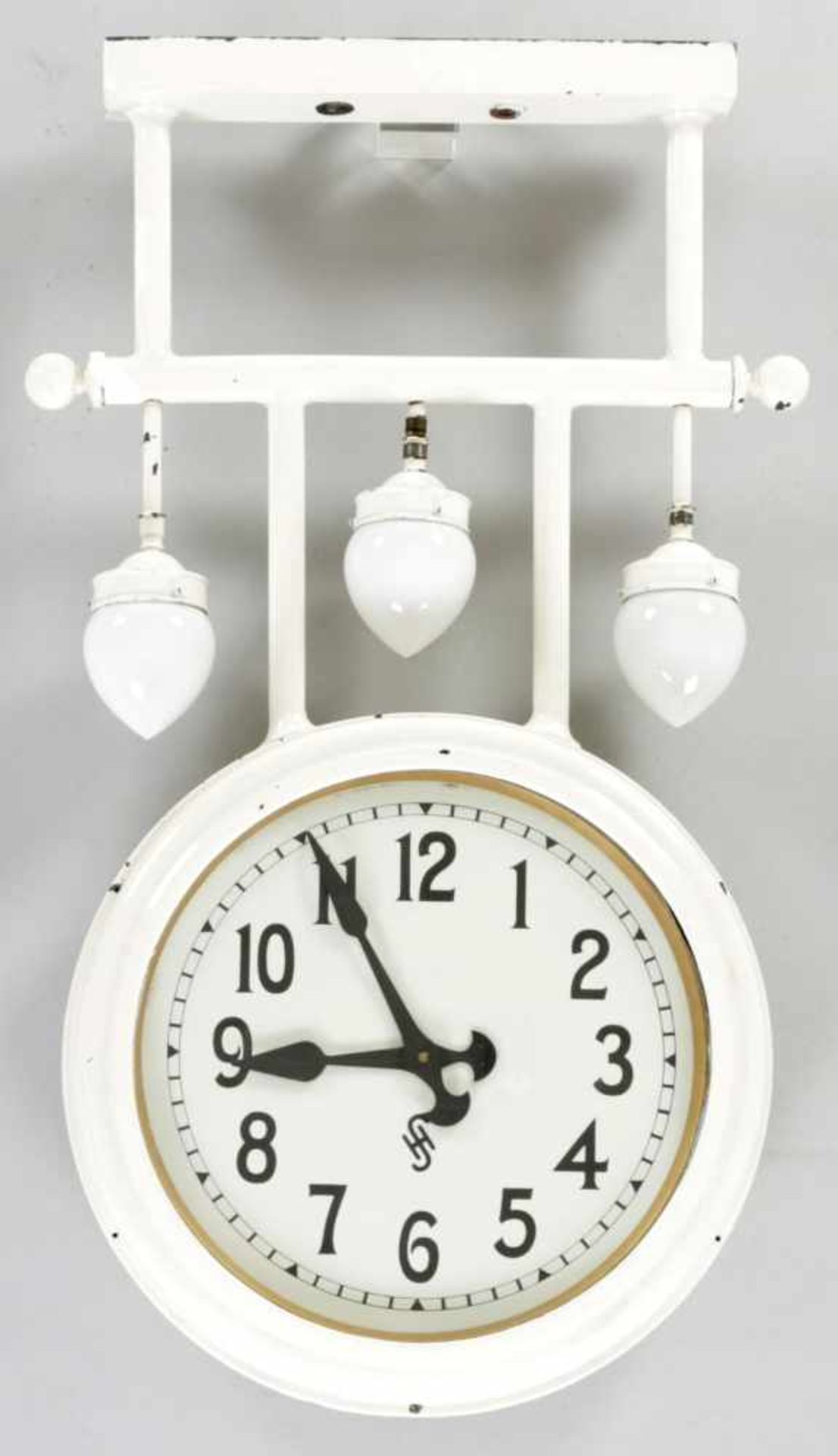Doppelseitige NebenuhrMetall/Glas, Fa. Siemens&Halske, um 1930 An 2-facher Stabhängung die gr. Uhr