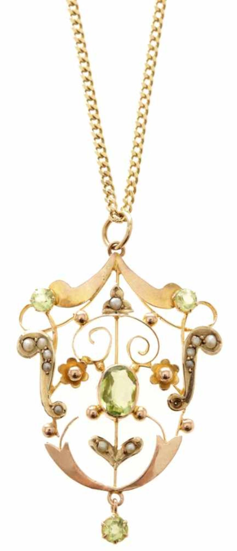 Jugendstil-Anhänger585/-/9ctGG, wohl England, 1.H.20.Jh. Filigran floral gearbeitet m. Peridots u.