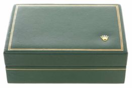 Rolex-SchatulleHolz/Leder, Rolex, 2.H.20.Jh. Box, m. grünem Leder bezogen, Oberseite m. goldfarbener