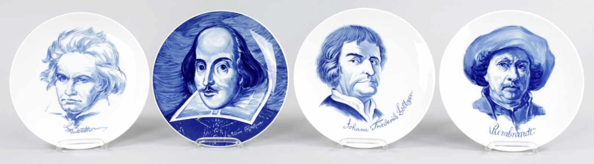 4 Portrait-TellerPorzellan, Meissen, 1971-76 In Unterglasurblau die Bildnisse v. Beethoven,