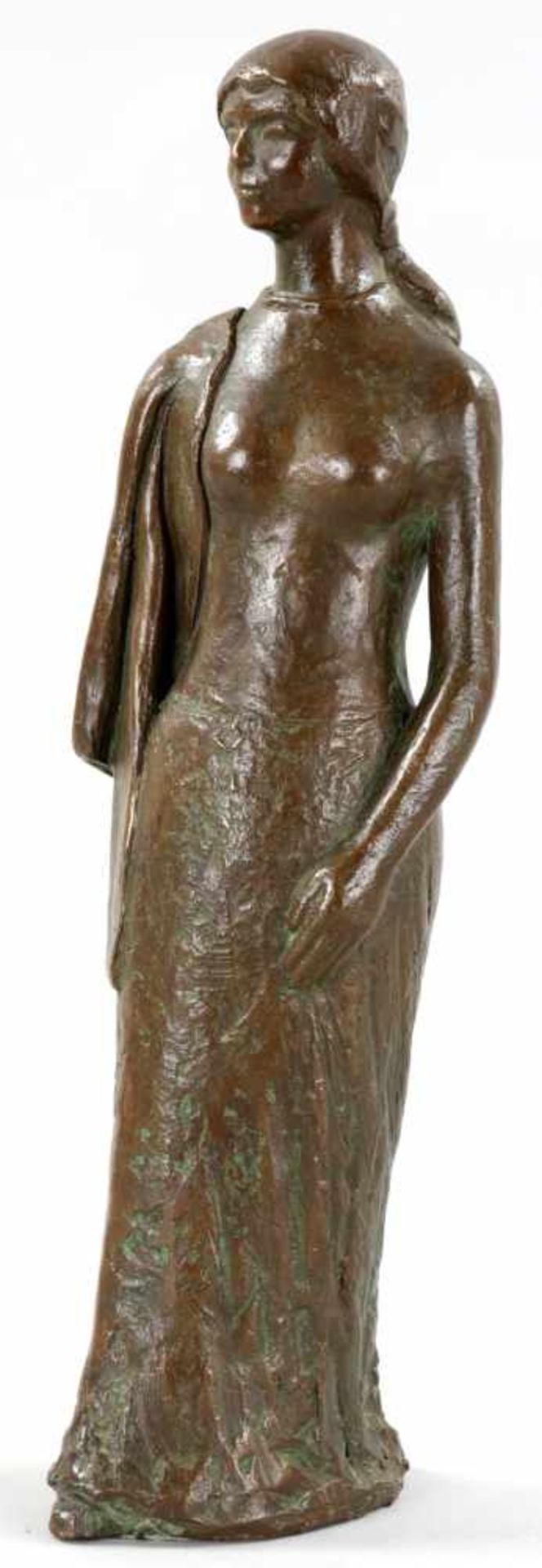 Kurz, Konrad1934 Passau Stehende Frau m. Schultertuch.- Bronze brüniert, sign./ortsbez. "K. Kurz