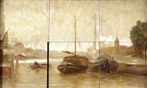 Holländisches HafenstädtchenFayence, um 1900 Fliesenbild, bestehend aus 6 mit Öl bemalten Fliesen,