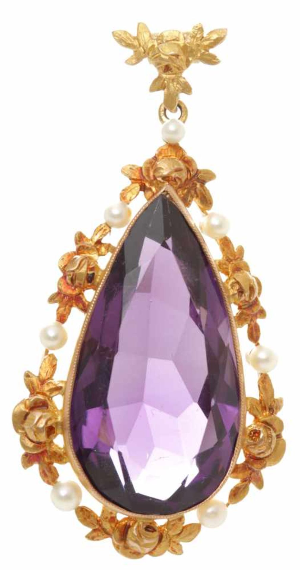 Jugendstil-Anhänger750/-RG, 1.H.20.Jh. Tropfenförmig-facettierter Amethyst, LxBxT: ca. 27 x 15 x 9,4