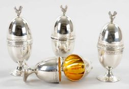 4 Eierbecher mit Deckel925er Silber, spätes 20.Jh. Eiförmiger, 2-fach gegliederter Korpus auf