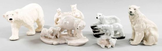 6 Eisbären-FigurenPorzellan/Keramik, Kgl. Kopenhagen u.a., 20.Jh. Nach Entwürfen von Knud Kyhn u.a.-
