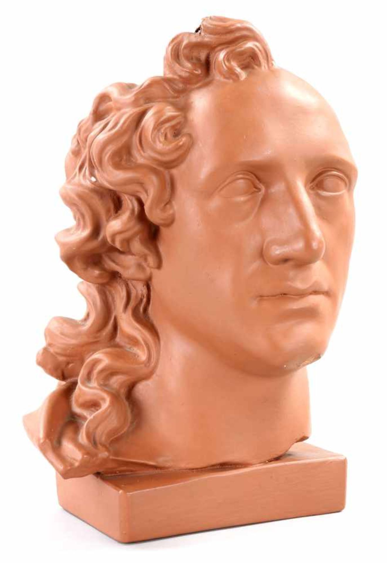 Kopfstück von J. W. v. GoetheGips (hellbraun glasiert), 20.Jh. Auf rechteckiger Plinthe die