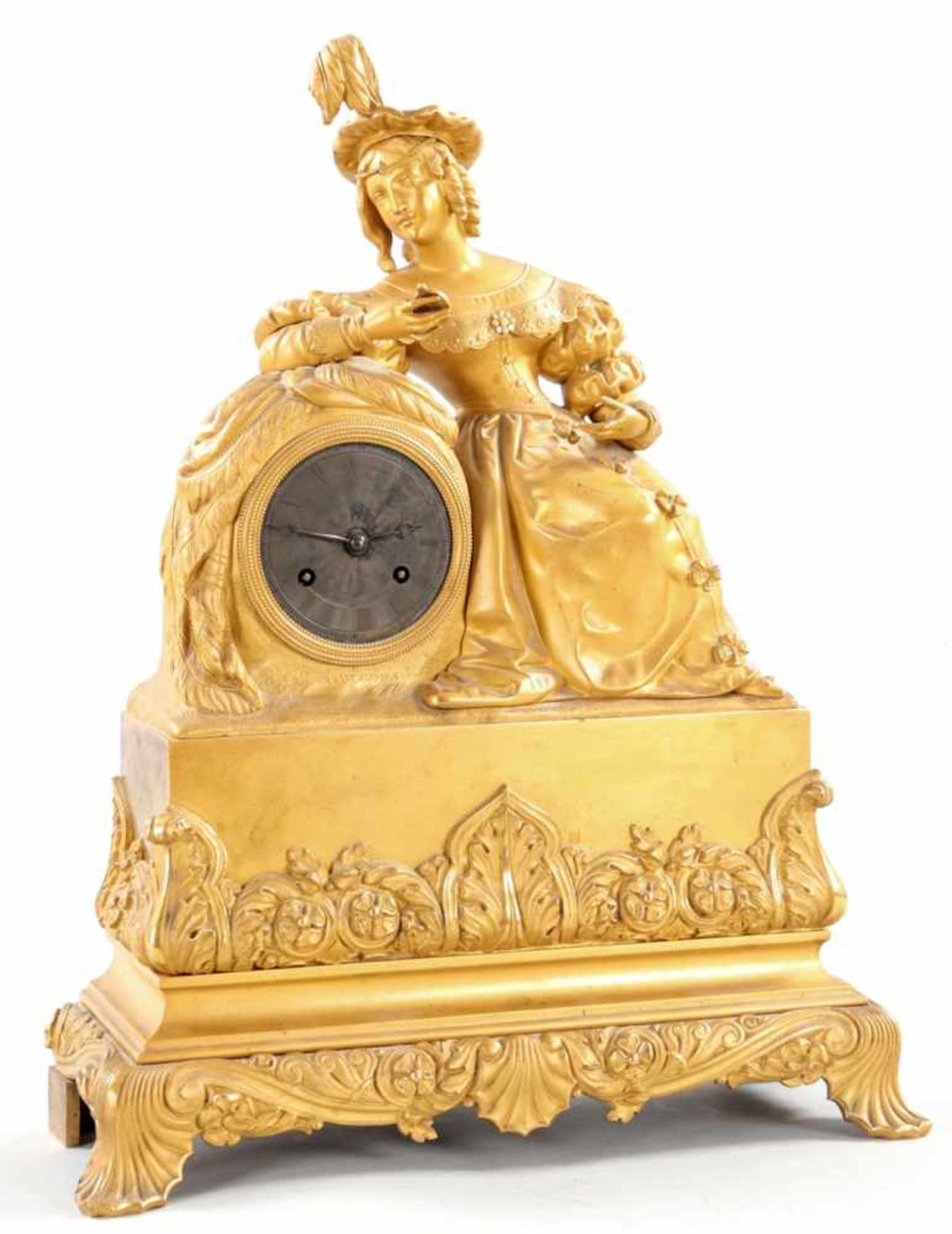 Gr. PrunkpenduleBronze (vergoldet), Frankreich, 19.Jh. Auf dekorativem Hochrechteck-Sockel in