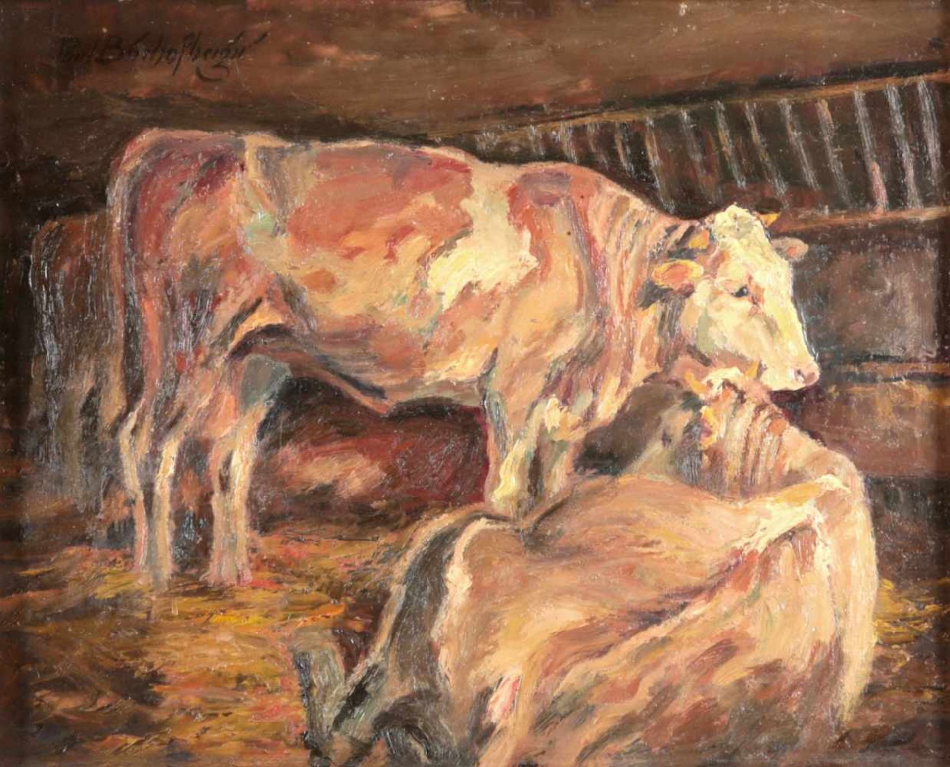 Bischofberger, Paul1903 Mittelstenweiler/Überlingen - 1990 Dewangen bei Aalen Zwei Kühe im Stall.-