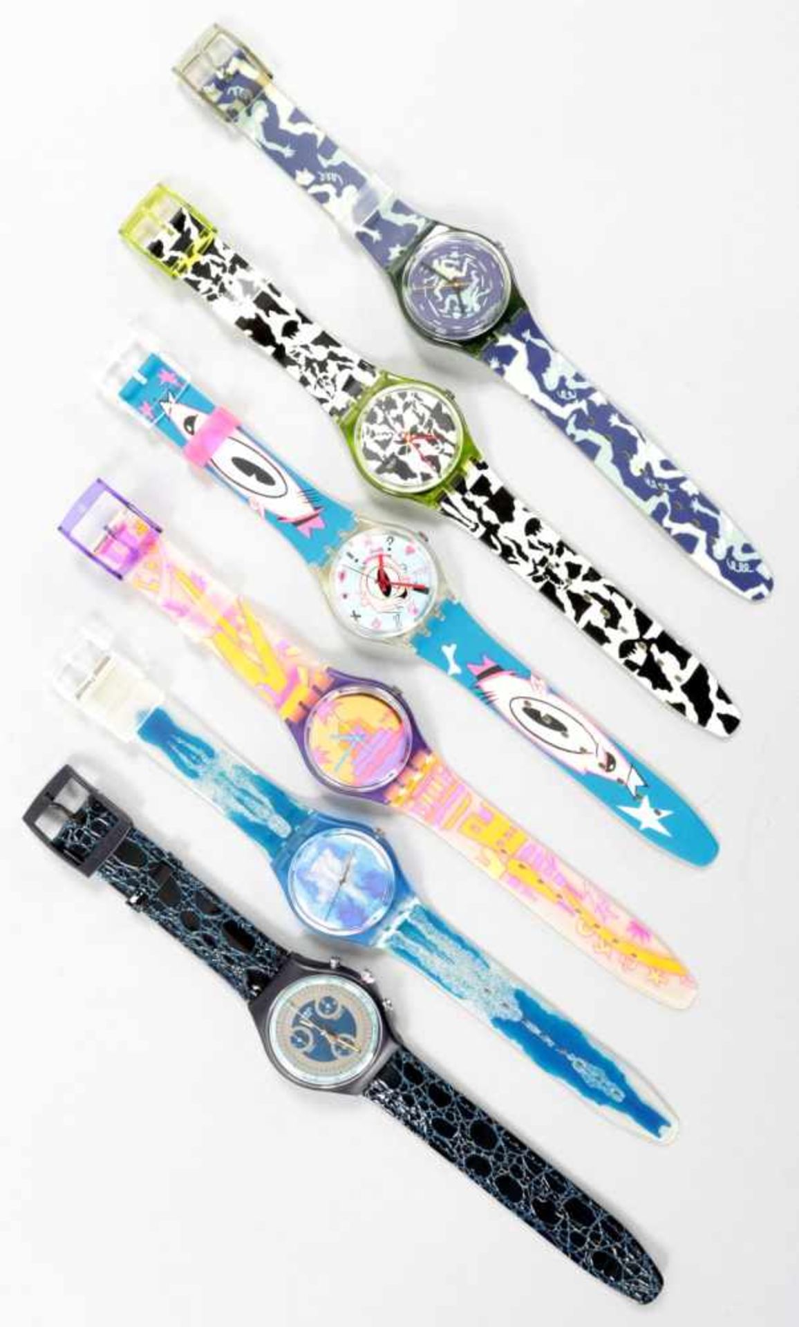 6 ArmbanduhrenPlastik, Swatch (Schweiz), 1990er Jahre In verschiedenen Designs u. m. variier,