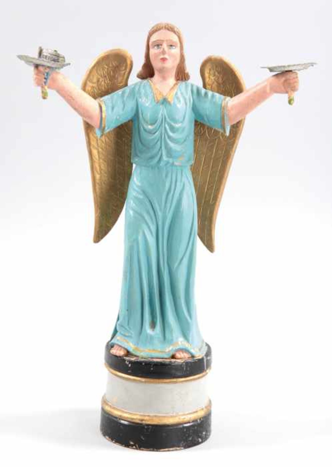 EngelfigurHolz, um 1900 Auf Rundsockel die stehende Figur mit ausgebreiteten Armen, farbig u. gold