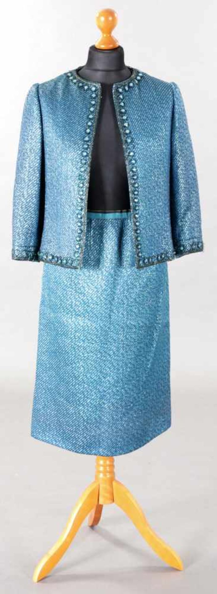 CocktailensembleTextil, Christian Dior (USA), 1950/60er Jahre 3-tlg., Kostüm im türkis-/schwarzfarb.