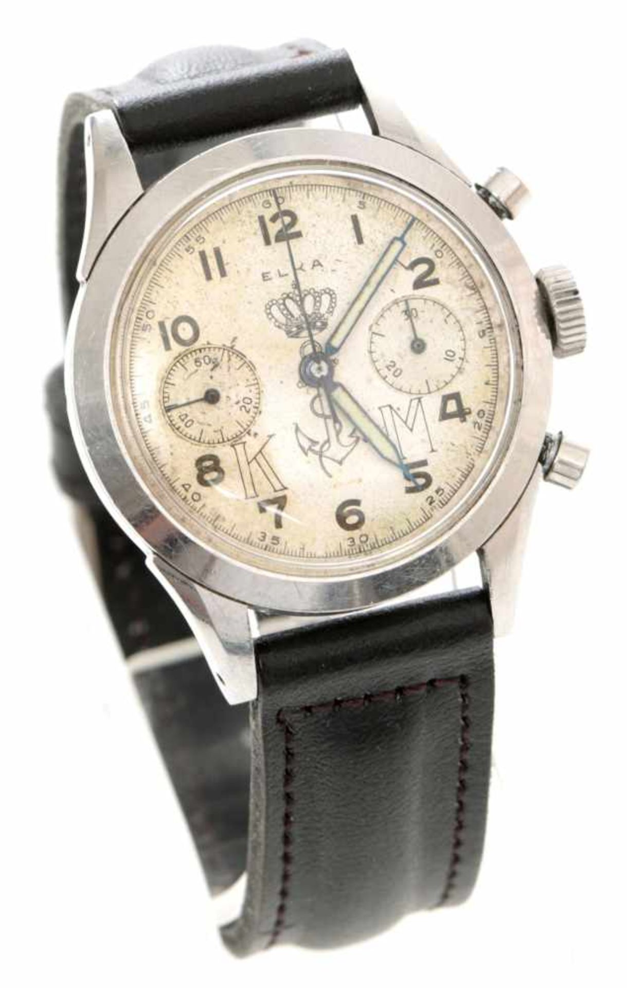 HerrenarmbanduhrMetall weiß, Elka, 1.H.20.Jh. Chronograph, champagnerfarbenes Zifferbl. m. arab.