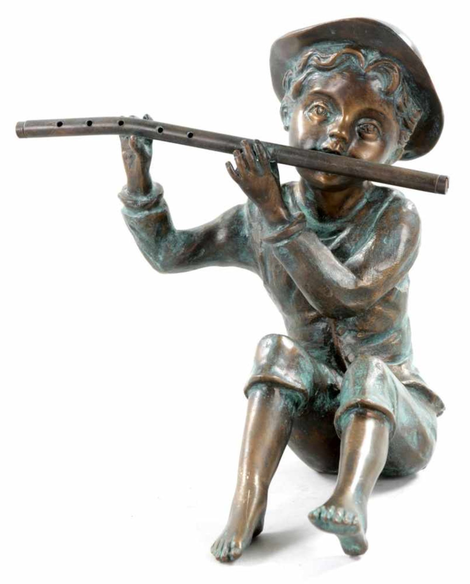 "Hans mit Querflöte"Bronze, wohl Fa. Rottenecker, spätes 20.Jh. Sitzende Figur eines Flöte