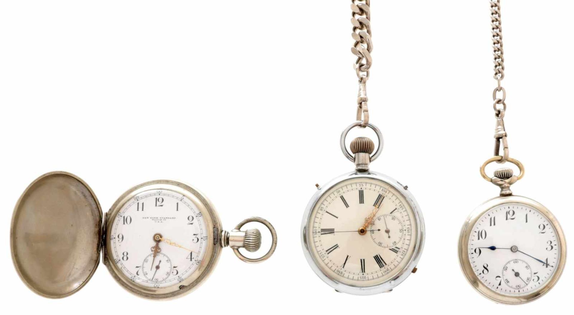 3 HerrentaschenuhrenMetall weiß, Junghans/New York Standard Watch Co. U.S.A., u. andere, um 1900