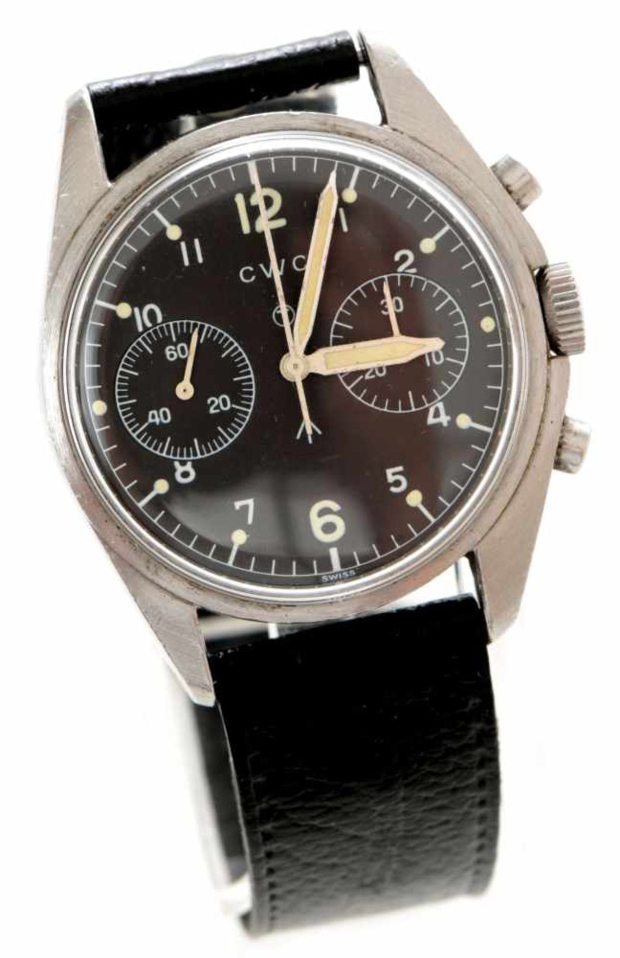 Militär-ArmbanduhrMetall weiß, CWC, 20.Jh. Chronograph, schwarzes Zifferbl. m. luminesz. arab.