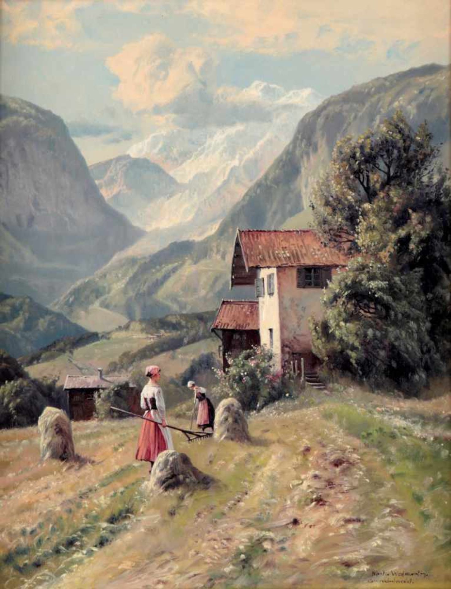 Walseth, Niels1914 Kolding - 2001 Heuernte auf der Alm (Grindelwald).- Malerischer Ausblick auf