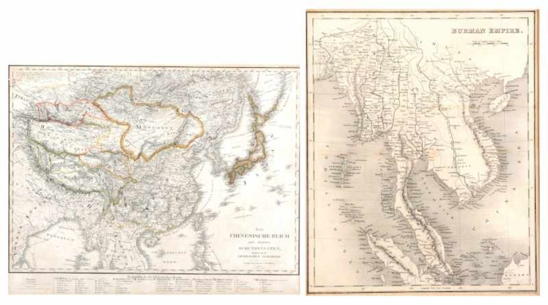 3 Asien-KartenPapier, u.a. London (Orr & Smith)/Hildburghausen, Ende 19./um 1900 Verschied. teils
