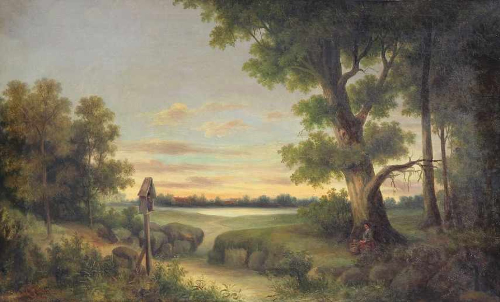 Deutscher Maler des 19. Jhd. Gemälde, Öl auf Leinwand, abendliche Landschaft mit Wegkreuz, unten - Image 3 of 4