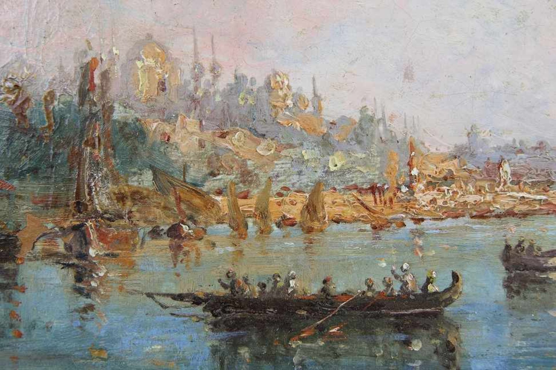 Impressionist des 19. Jhd. Gemälde, Öl auf Leinwand auf Karton, Boote auf dem Bosporus vor - Image 3 of 3