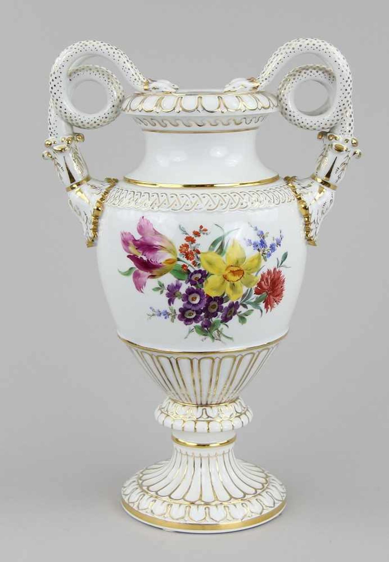 Meissen - Schlangenhenkelvase Porzellan farbig bemalt und vergoldet, Amphorenform mit gerollten - Image 2 of 5