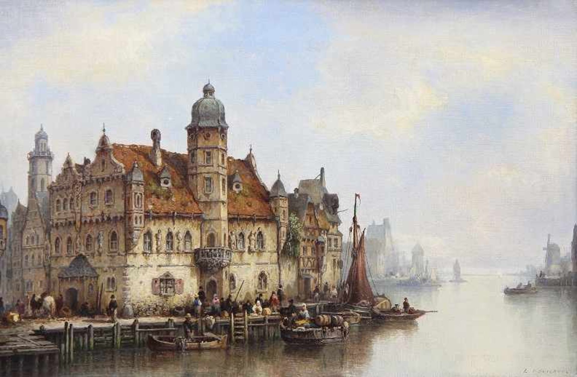 Hermann, Elias Ludwig (Greifswald 1812 - 1881 Berlin) Gemälde "Flusshafen in Gent", Öl auf Leinwand, - Image 4 of 6