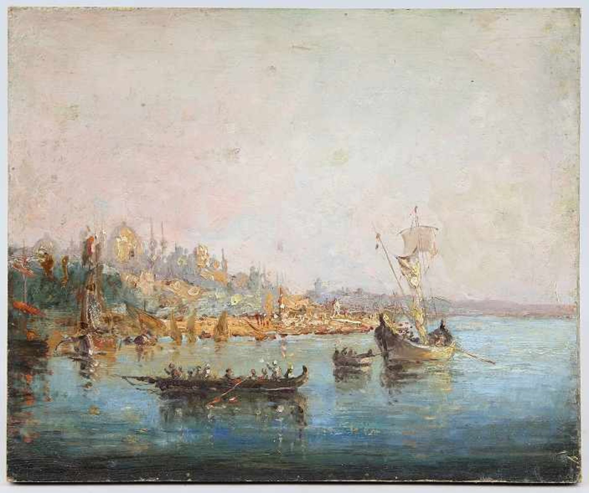 Impressionist des 19. Jhd. Gemälde, Öl auf Leinwand auf Karton, Boote auf dem Bosporus vor